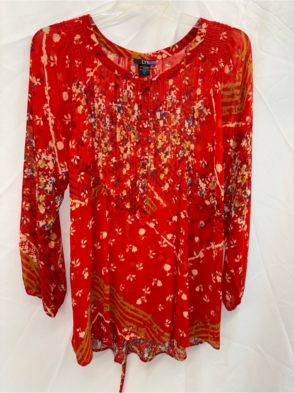 LYS Red Floral Pintuck Tunic Top